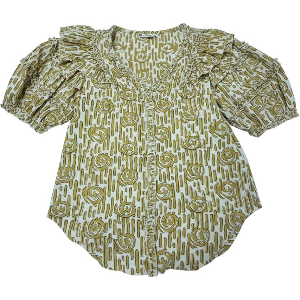 Anna Cate Womens XS Ruffle Sleeve Cotton Blouse Mustard Yellow Abstract Print